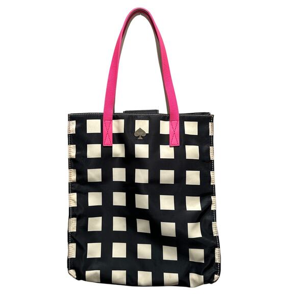 Kate Spade Black & Cream Checkered Tote Bag – Pink Handles – Nylon Shoulder Bag - Picture 1 of 6